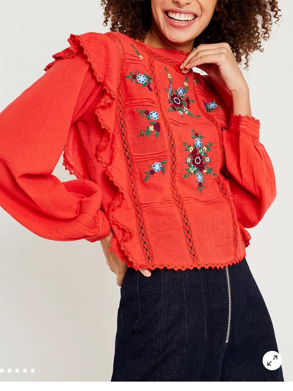 Free People Amy Red Floral Embroidered Ruffle Knit Top